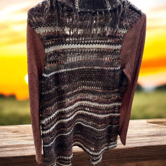 Buckle BKE Open Front Frayed Knit Fringe Sweater Gorgeous Earth Tones Small - Picture 4 of 5